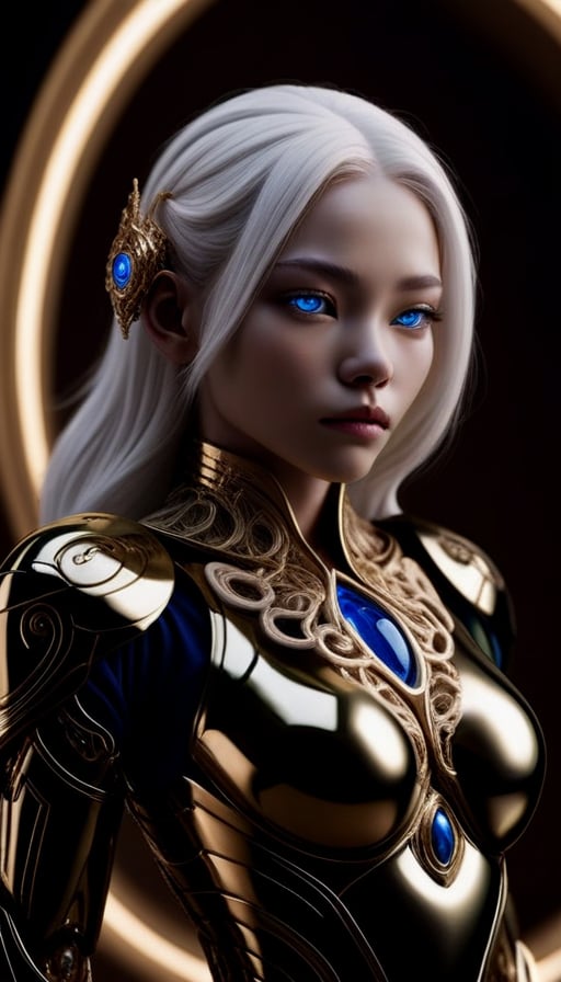 surreal photography of a stunningly beautiful cyborg female, white hair, blue eyes, embraced, delicate gold filigree, intricate detailed, glowing, in the style of beth cavener, jin kagetsu, and wlop, highly detailed, intricate filigree, chrome face symmetry, masterpiece, award - winning, sharp focus, concept art, high key, ambient lighting, 8 k, octane render,没有瑕疵的脸