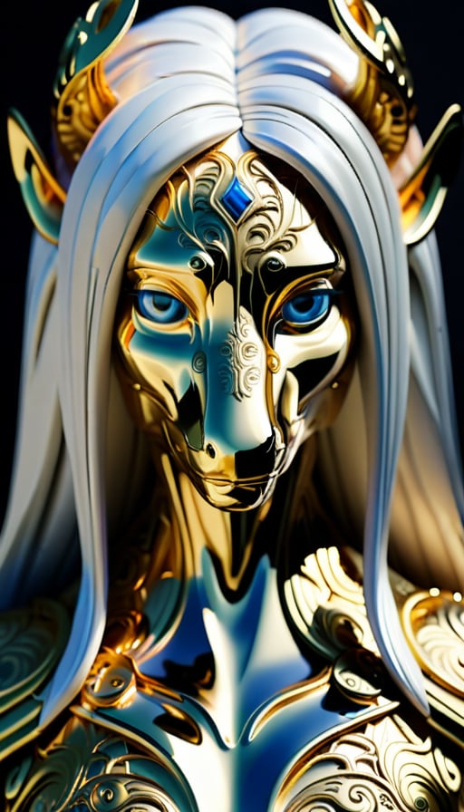 surreal photography of a stunningly beautiful cyborg female, white hair, blue eyes, embraced, delicate gold filigree, intricate detailed, glowing, in the style of beth cavener, jin kagetsu, and wlop, highly detailed, intricate filigree, chrome face symmetry, masterpiece, award - winning, sharp focus, concept art, high key, ambient lighting, 8 k, octane render,没有瑕疵的脸