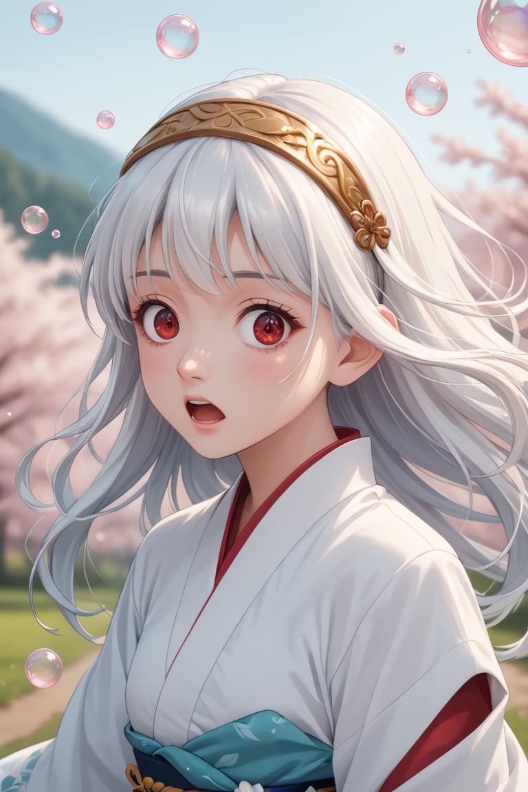 A beautiful anime girl with long white hair and red eyes, wearing a white kimono with floral patterns and a golden headband, is gently touching her ears with a surprised expression. Her hair is flowing in the wind, and there are small bubbles around her. The background is a soft blue and white, with a hint of pink.

[Digital art, anime style], [Reference:  "The Art of  [Artist name]"], [Soft lighting, pastel colors, smooth lines, slightly blurred background, focus on the girl's face]