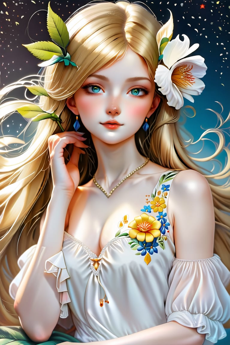 masterpiece, top quality, best quality, official art, beautiful and aesthetic:1.2), extreme detailed. 1 girl, long blonde hair, flowers and leaves entwined within her tresses, shades of white and yellow, wearing white top, ruffled detailing, embroidered pastel color floral chest motif, sleeves billowing at shoulders, tapering to wrists, hands clasped, soft and delicate aesthetic, intricate details in hair and clothing, light-hued background, subject focused, digital painting,more detail XL,watercolor \(medium\), in the style of esao andrews,Realistic Enhance,greenhair,