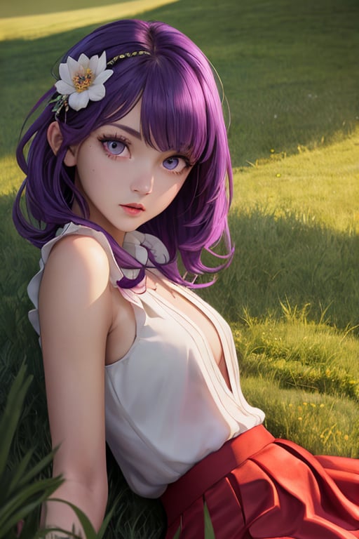 8K, masterpiece, highly detailed, highest quality, best quality, professional photography, intricate details, a beautiful lady, purple hair, on the grass, looking at viewer, whole body, red skirt, hollow skirt,detailed face, symmetrical face,
clear facial features, high-resolution skin texture,realistic eyes,natural expression,