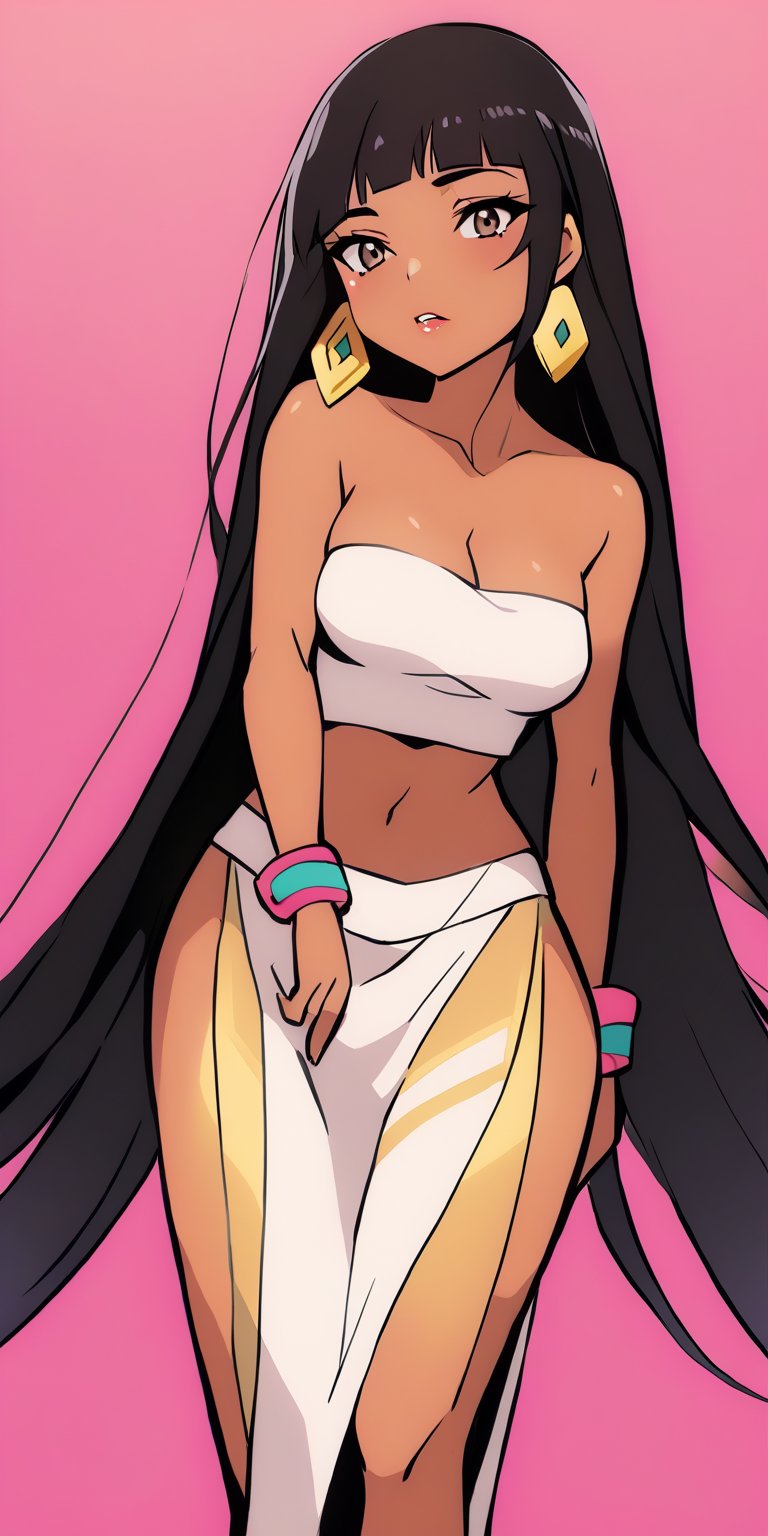 1.girl, chel_(the_road_to_el_dorado), native American, very long black hair, bangs above the eyes, dark brown eyes, square gold earrings, strapless top, white with pink, pink bracelets, long white skirt style loincloth, slender body with slim figure, naughty and sexy attitude.