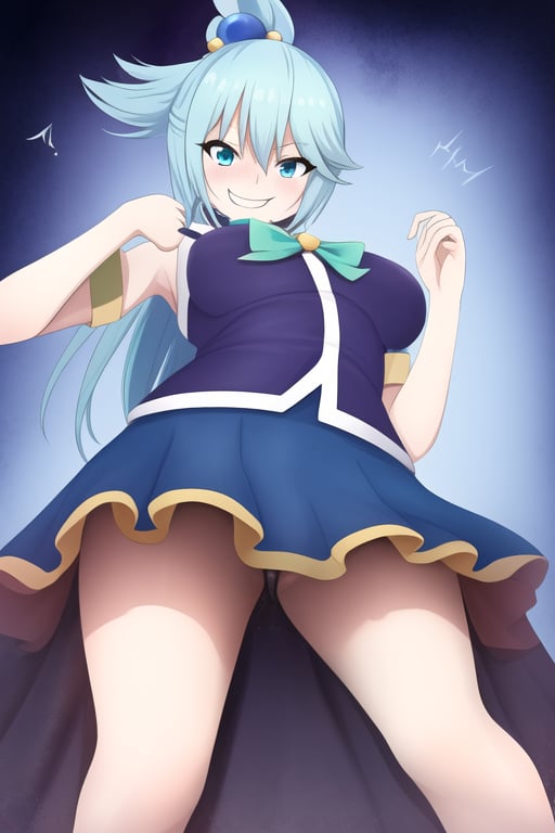 aqua \(konosuba\) with a naughty smile on her back in a sensual pose with nothing under her skirt, shot from below and behinde, 
