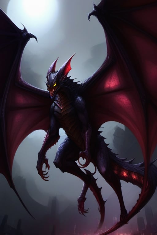 Black dragon, crimson scales, sharp teeth, long sharp claws, bright yellow eyes, large bat wings, burly, terrifying.