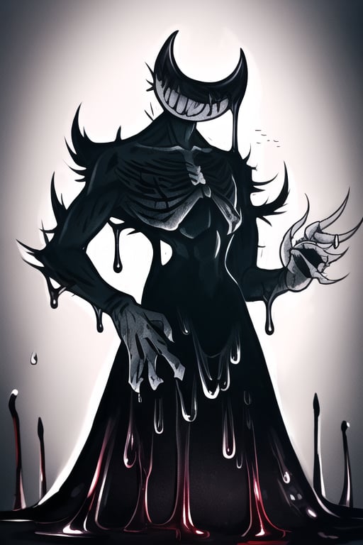 ink demon, bloody teeth, sharp claws, terror, tall, dripping ink, killer

