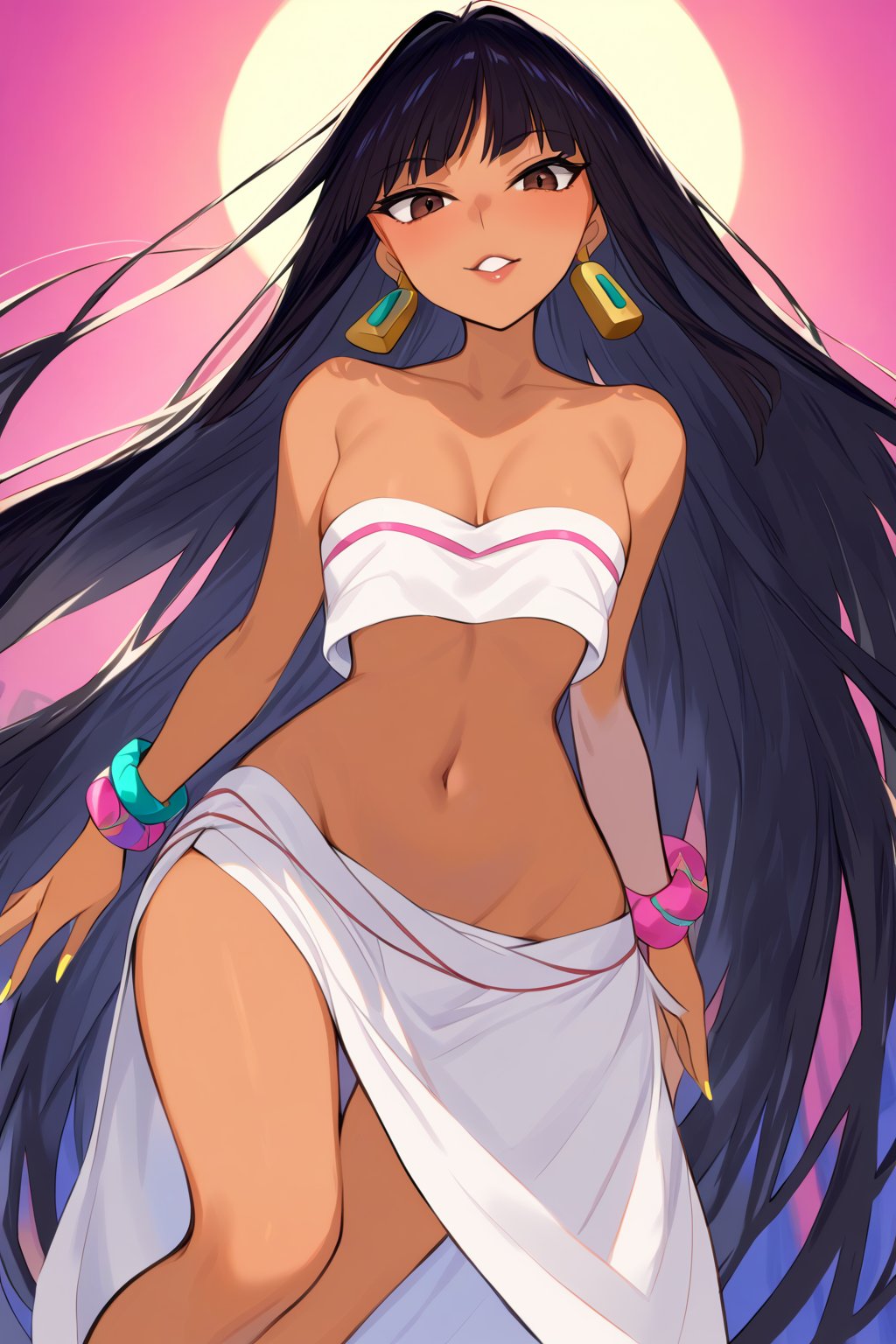 1.girl, chel_(the_road_to_el_dorado), native American, very long black hair, bangs above the eyes, dark brown eyes, square gold earrings, strapless top, white with pink, pink bracelets, long white skirt style loincloth, slender body with slim figure, naughty and sexy attitude.