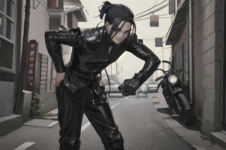 a boy with a very long blue black hair tied in a low black ponytail with deep blue eyes, adding an edgy touch to his intimidating presence.evil smile, Leaning against his motorcycle in an alleyway at night, he radiates a serious, unyielding intensity. Perfect lighting casts deep shadows, accentuating every curve and crease, as if the camera has captured a slice of pure chaos.