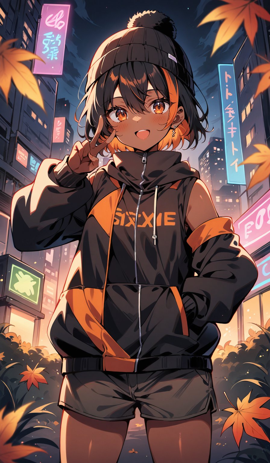 masterpiece, best quality, aesthetic, 1girl, tan skin, black hair, orange hair, streaked hair, short hair, hair between eyes, beanie, jacket, detached sleeves, shorts, thighighs, looking at viewer, :d, two-finger salute, contrapposto, cityscape, neon lights, skyscraper, autumn leaves, depth of field, vignetting, chiaroscuro