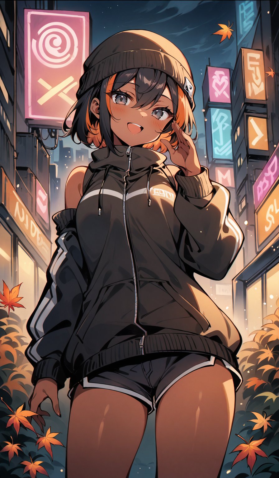 masterpiece, best quality, aesthetic, 1girl, tan skin, black hair, orange hair, streaked hair, short hair, hair between eyes, grey eyes, beanie, jacket, detached sleeves, shorts, thighighs, looking at viewer, :d, salute, contrapposto, cityscape, neon lights, skyscraper, autumn leaves, depth of field, vignetting, chiaroscuro