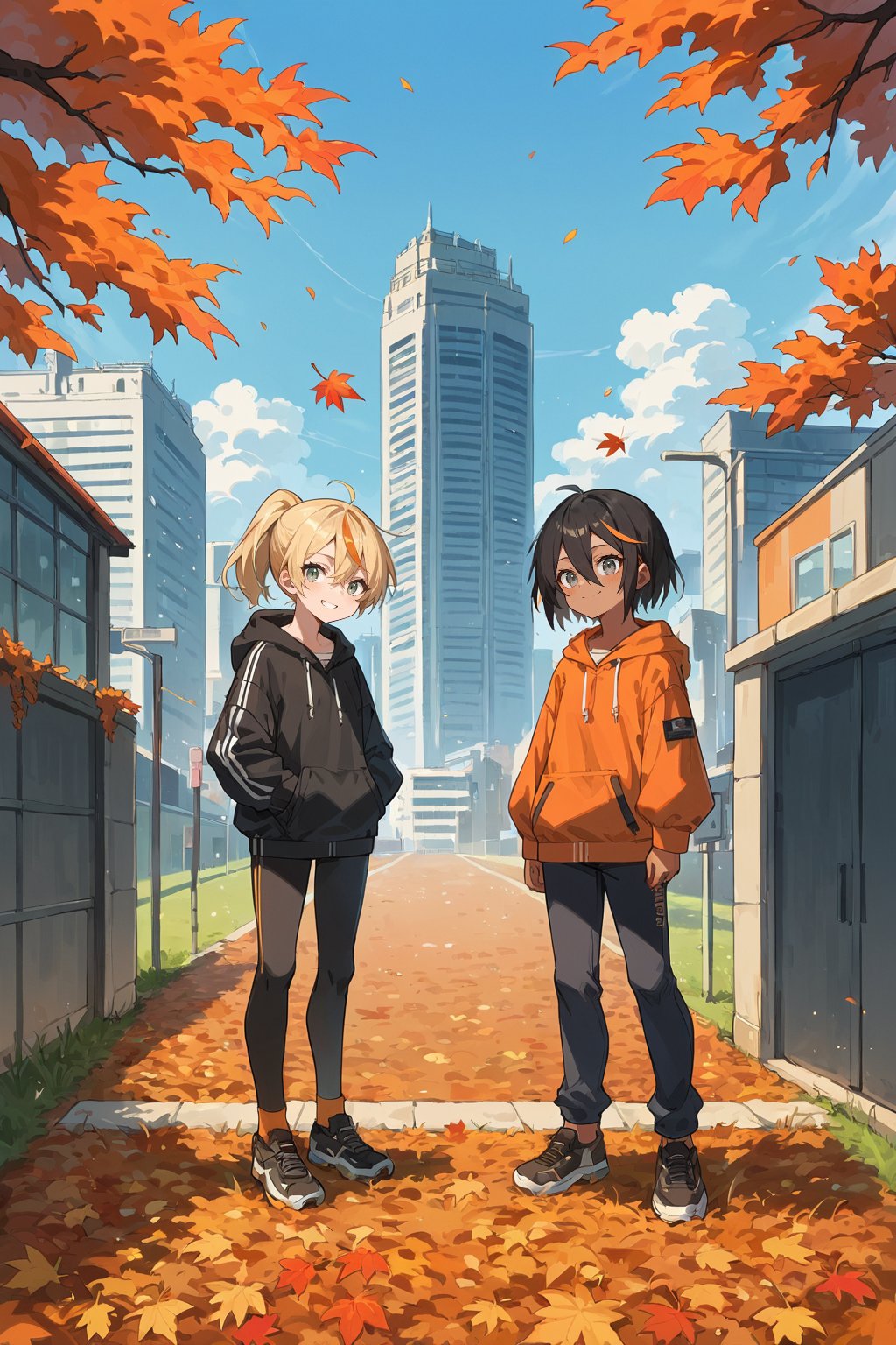 score_9, score_8_up, score_7_up, score_6_up, source_anime, 2girls, black hair, orange hair, streaked hair, short hair, hair between eyes, grey eyes, tan skin, hoodie, BREAK, blonde hair, green eyes, ponytail, jacket, smile, city, autumn leaves, depth of field, chiaroscuro