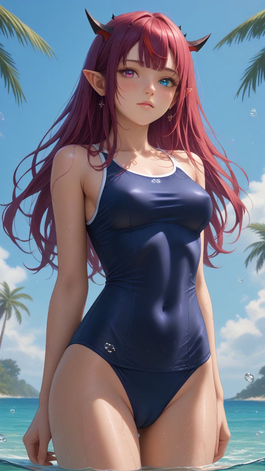 score_9, score_8_up, score_7_up,
young woman, medium breasts,
IrysHolo, horns, heterochromia, purple eye, blue eye, long hair, purple hair,
(happy:0.5), blush,
cameltoe, covered nipples,
blue one-piece swimsuit, old school swimsuit, wet, wet swimsuit, water drops,
standing, cowboy shot, thighs,
sea, partially submerged, palmtrees