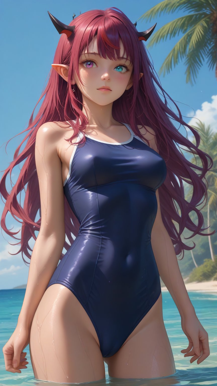 score_9, score_8_up, score_7_up,
young woman, medium breasts,
IrysHolo, horns, heterochromia, purple eye, blue eye, long hair, purple hair,
(happy:0.5), blush,
cameltoe, covered nipples,
blue one-piece swimsuit, old school swimsuit, wet, wet swimsuit,
standing, cowboy shot, thighs,
sea, partially submerged, palmtrees