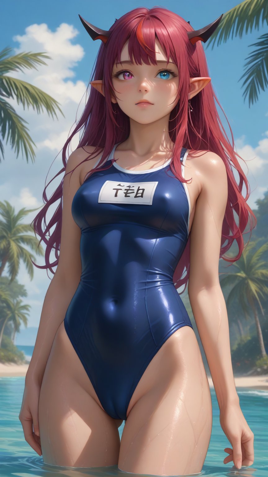 score_9, score_8_up, score_7_up,
text reads as "TOFU",
young woman, medium breasts,
IrysHolo, horns, heterochromia, purple eye, blue eye, long hair, purple hair,
(happy:0.5), blush,
cameltoe, covered nipples,
blue school onepiece swimsuit, wet, wet swimsuit,
standing, cowboy shot, thighs,
sea, partially submerged, palmtrees