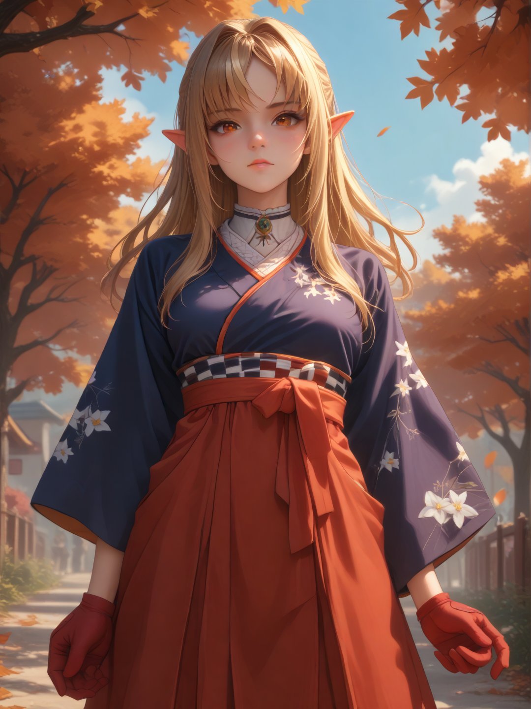 score_9, score_8_up, score_7_up,
standing, cowboy shot,
FlareNewYear, dark skin, long hair, blue kimono, floral print, red hakama, hakama skirt, gradient skirt, white undershirt, green brooch, red gloves
blush, looking at viewer,
midautumn_fes