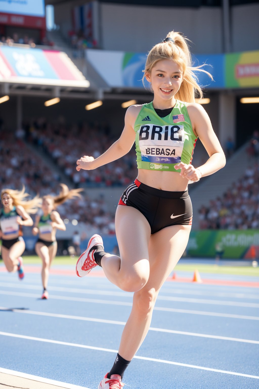 olympic Stadium,great crowds of spectators around the stadium,olympic emblem,track,1 girl,sprinter,blonde hair,blue eyes,long ponytail,wearing short and tight uniform( Text "PARIS 2024" written on her top),knee pads,running shoes,100meter sprint,she is running and crossing the finish line,lift both arms,smile,cowboy_shot,