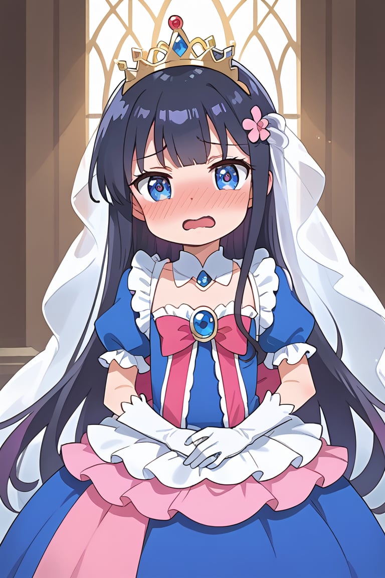 (masterpiece), best quality, expressive eyes, perfect face, score_9,hana, loli, princess costume, tiara, looking at viewer, embarrassed, open mouth, blush, bedroom background 