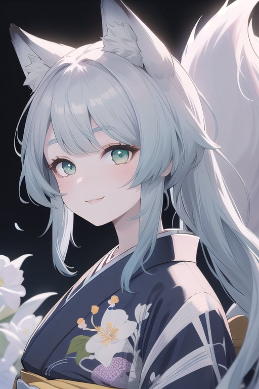 1girl, solo_female, long hair, blue hair, green-eyes, fox eyes, smiling, Korean, pale skin, tall girl, a nine-tailed fox, blue fox tails and ears, wearing a blueish kimono printed with white flowers, looking_at_viewer, portrait, close up, dynamic angle, crystals, dark background