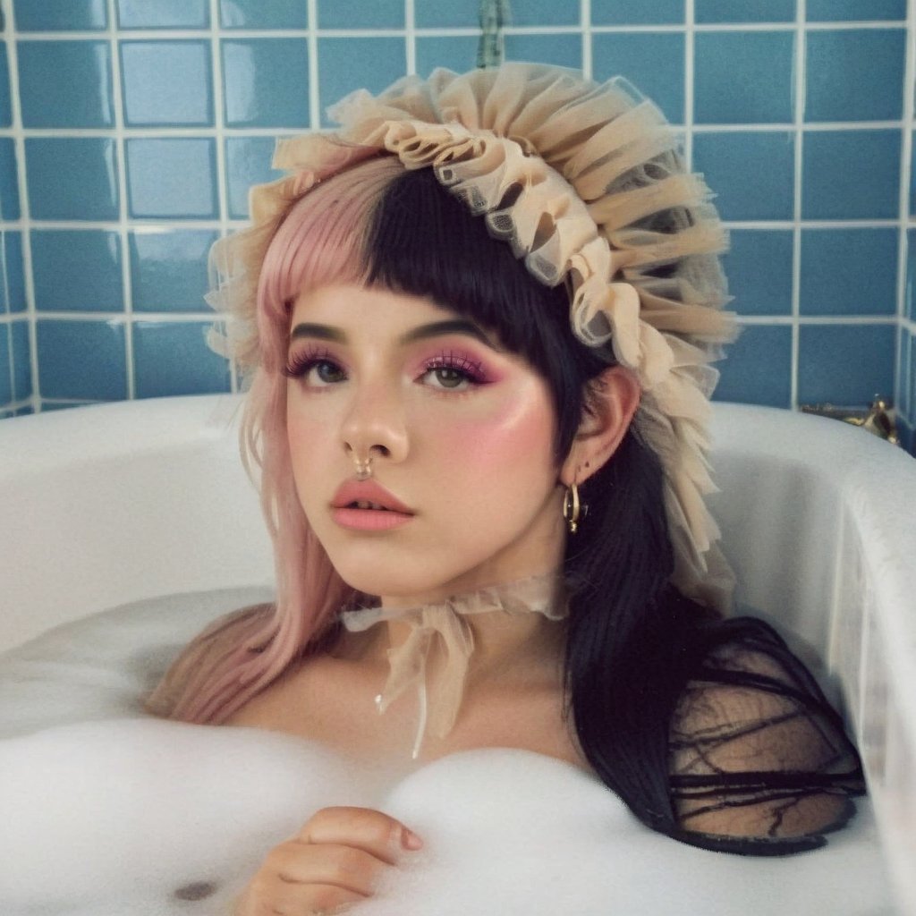 1girl, long straight split dye mullet hair with bangs, black and pink hair, light gray tulle frill shepherd's hat, bath, bathroom, a tub of water,  blue tiles, retro style, retro, retro colors, nose ring, brown eyes, cute face, long lashes, gold elements, lips dirty pink, black eyebrows, pale skin, high quality 18K, Hyperrealism, Realistic vision, rosy cheeks, freckles, high eyes quality, high face quality