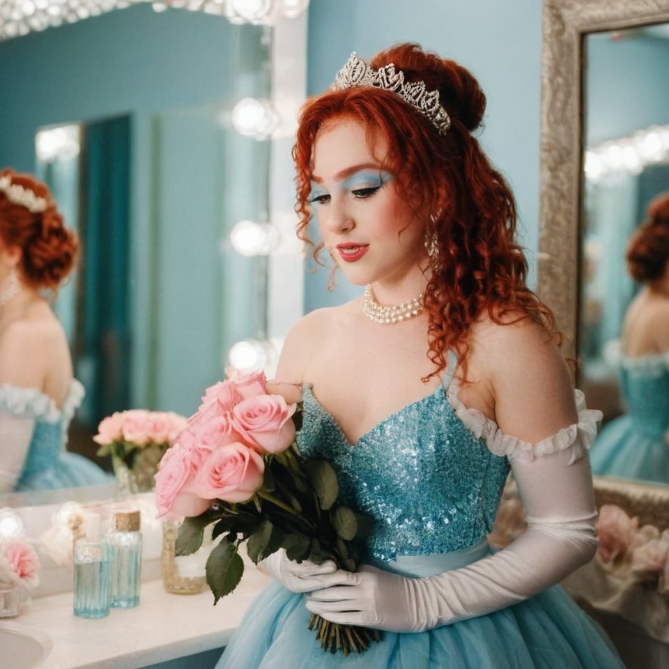 a girl who is holding a bouquet of roses, wears a light blue dress, has flowers in her hair that she ties in a bun, dressing room background, mirrors and background makeup, 4k, 18k, hairstyle, perfect face, Good Luck Babe, Princess, Theatre, Chappell Roan, masterpiece high quality 18K, Hyperrealism, Realistic vision, rosy cheeks, realistic woman, a girl, Woman, best quality, woman, high quality, good lighting, A woman, The Rise and Fall of a Midwest Princess, girl , beauty, a girl who is holding a bouquet of roses, while wearing a bright light blue dress, and has flowers in her hair that she ties in a bun, she has a small white princess crown and a kind of scarf that she has from the shoulder to the hip in white that says "Princess", dressing room background, theater, mirrors and makeup in the background, lights, beauty, princesses, Chappell Roan, The Rise and Fall of a Midwest Princess, Red Curly Hair, Green eyes, White makeup, crazy makeup, long curly red hair,Long curly red hair , white gloves 