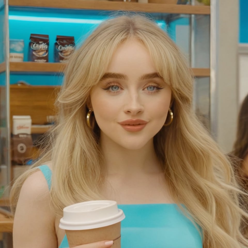 a girl who is having a coffee held in her right hand while she carries several shopping bags in her left hand, she is leaving the cafeteria, her dress is bright blue, 4k, 18k, hairstyle, perfect face, Espresso, Coffee vibes, Summer vibes,Sabrina Carpenter, thick pink lips, masterpiece high quality 18K, Hyperrealism, Realistic vision, rosy cheeks, realistic woman, a girl, Woman, best quality, woman, high quality, good lighting, A woman, Short n Sweet , girl, beauty, a girl who is leaving a cafe while having a coffee held in her right hand, while in her left she carries several shopping bags, she is wearing a bright light blue dress, coffee shop, espresso, coquette, blonde hair curly, thick pink lips, Sabrina carpenter,Blue eyes,Rosy cheeks,Long wavy blonde hair with bangs