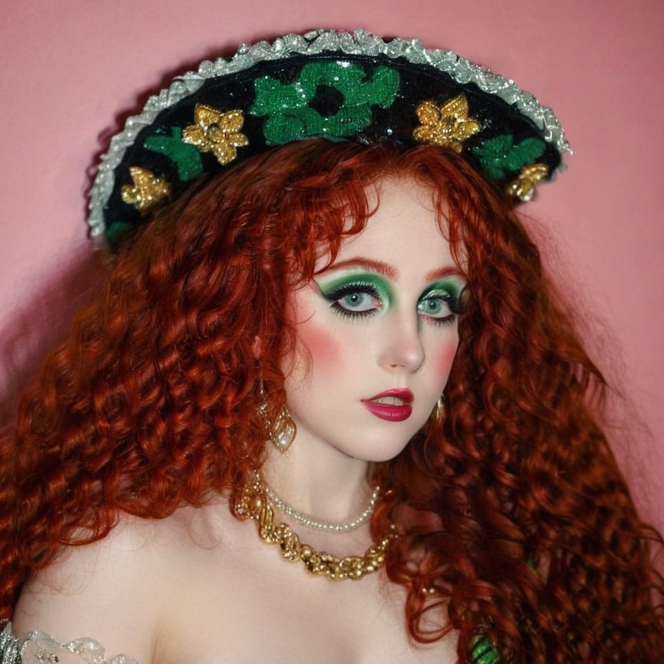 1girl, long curly red hair, green eyes, pale skin,make up, strong makeup, creative make up, crazy make up, rosy cheeks, long lashes, shiny hair, creative costume, creative outfit, full_body, jewelry, high quality 18K, Hyperrealism, Realistic vision, high eyes quality, high face quality, high resolution,Long curly red hair,Green eyes,Long curly red hair 