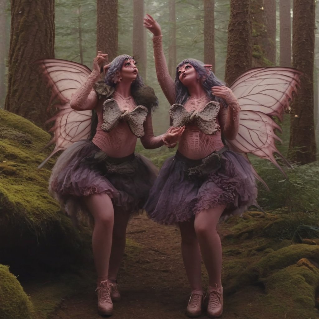 Prompt: Pink and purple makeup, gorgeous makeup, two girls in the middle of the forest, mushrooms, fairy dance, four eyes, Full body, dark pink short curly hair, cured and detailed outfit, her hair is long and wavy, her hair is long, 4k, 18k, hairstyle, perfect face, Melanie, Adele, Long hair, masterpiece high quality 18K, Hyperrealism, Realistic vision, rosy cheeks, realistic woman, a girl, Woman, best quality, woman, high quality, good lighting, A woman , fairy00, Long hair, Pink skin, four eyes, Fancy, model, A woman. Pink and purple makeup, gorgeous makeup, long train skirt, forest00, pink skin, four eyes, Full body, two girls, dark pink short curly hair, cured and detailed outfit, her hair is long and wavy, her hair is long, 4k , 18k, hairstyle, perfect face, Melanie, Adele, Long hair, masterpiece high quality 18K, Hyperrealism, Realistic vision, rosy cheeks, realistic woman, a girl, Woman, best quality, woman, high quality, good lighting, A woman, duo00, Long hair, Pink skin, four eyes, Fancy, model, A woman,Big Quality, Masterpiece, High Quality,Melanie Martinez, Beautiful, 2_girls,4 eyes, Nymph, Pink Skin