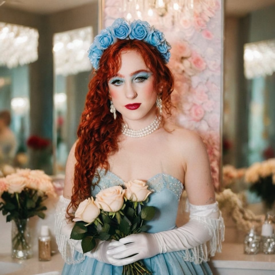 a girl who is holding a bouquet of roses, wears a light blue dress, has flowers in her hair that she ties in a bun, dressing room background, mirrors and background makeup, 4k, 18k, hairstyle, perfect face, Good Luck Babe, Princess, Theatre, Chappell Roan, masterpiece high quality 18K, Hyperrealism, Realistic vision, rosy cheeks, realistic woman, a girl, Woman, best quality, woman, high quality, good lighting, A woman, The Rise and Fall of a Midwest Princess, girl , beauty, a girl who is holding a bouquet of roses, while wearing a bright light blue dress, and has flowers in her hair that she ties in a bun, she has a small white princess crown and a kind of scarf that she has from the shoulder to the hip in white that says "Princess", dressing room background, theater, mirrors and makeup in the background, lights, beauty, princesses, Chappell Roan, The Rise and Fall of a Midwest Princess, Red Curly Hair, Green eyes, White makeup, crazy makeup, long curly red hair,Long curly red hair , white gloves 