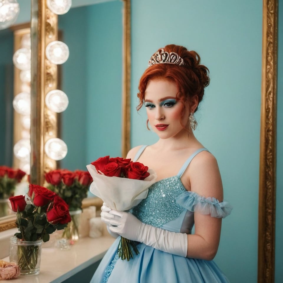 a girl who is holding a bouquet of roses, wears a light blue dress, has flowers in her hair that she ties in a bun, dressing room background, mirrors and background makeup, 4k, 18k, hairstyle, perfect face, Good Luck Babe, Princess, Theatre, Chappell Roan, masterpiece high quality 18K, Hyperrealism, Realistic vision, rosy cheeks, realistic woman, a girl, Woman, best quality, woman, high quality, good lighting, A woman, The Rise and Fall of a Midwest Princess, girl , beauty, a girl who is holding a bouquet of roses, while wearing a bright light blue dress, and has flowers in her hair that she ties in a bun, she has a small white princess crown and a kind of scarf that she has from the shoulder to the hip in white that says "Princess", dressing room background, theater, mirrors and makeup in the background, lights, beauty, princesses, Chappell Roan, The Rise and Fall of a Midwest Princess, Red Curly Hair, Green eyes, White makeup, crazy makeup, long curly red hair,Long curly red hair , white gloves 