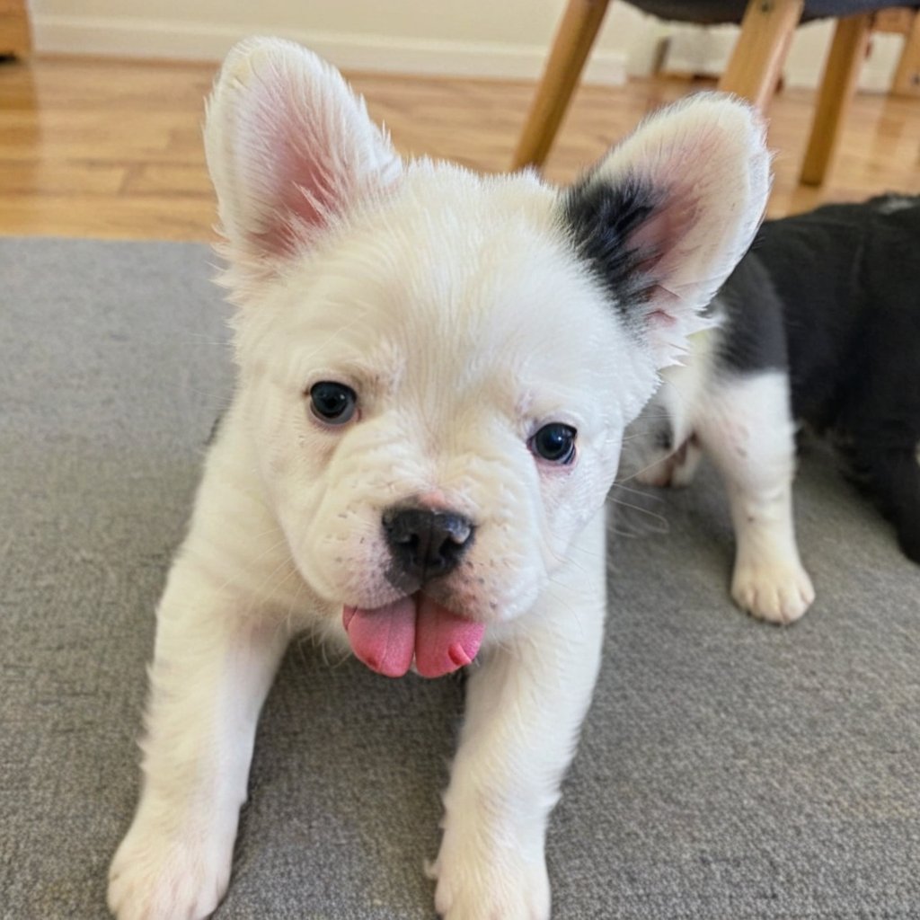 white little puppy with black one ear,stains, black stain in one ear, with his pink tongue out of his mouth 