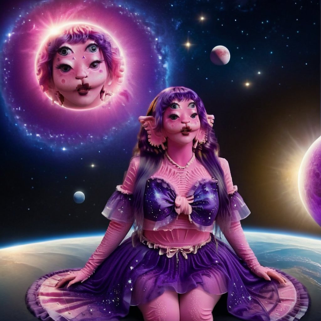 Prompt: Pink and purple makeup, gorgeous makeup, a girl who is sitting on Mercury, in the background is deep space and you can see other nearby planets, including the sun and the moon, four eyes, Full body, dark pink short curly hair, cured and detailed outfit, her hair is long and wavy, her hair is long, 4k, 18k, hairstyle, perfect face, Melanie, Adele, Long hair, masterpiece high quality 18K, Hyperrealism, Realistic vision, rosy cheeks, realistic woman, a girl, Woman, best quality, woman, high quality, good lighting, A woman, mercury00, Long hair, Pink skin, four eyes, Fancy, model, A woman. Pink and purple makeup, gorgeous makeup, long train skirt, space00, pink skin, four eyes, Full body, a girl, dark pink short curly hair, cured and detailed outfit, her hair is long and wavy, her hair is long, 4k , 18k, hairstyle, perfect face, Melanie, Adele, Long hair, masterpiece high quality 18K, Hyperrealism, Realistic vision, rosy cheeks, realistic woman, a girl, Woman, best quality, woman, high quality, good lighting, A woman, galaxy00, Long hair, Pink skin, four eyes, Fancy, model, A woman,Big Quality, Masterpiece, High Quality,Melanie Martinez, Beautiful, 1girl,4 eyes, Nymph, Pink Skin, Mercury, Venus, Pluto, Sol, Luna , Space, Galaxy, Stars, planets, milky way, space background, mercury, girl in mercury,"awoman"