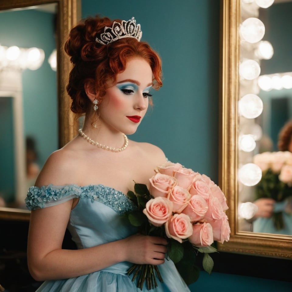 a girl who is holding a bouquet of roses, wears a light blue dress, has flowers in her hair that she ties in a bun, dressing room background, mirrors and background makeup, 4k, 18k, hairstyle, perfect face, Good Luck Babe, Princess, Theatre, Chappell Roan, masterpiece high quality 18K, Hyperrealism, Realistic vision, rosy cheeks, realistic woman, a girl, Woman, best quality, woman, high quality, good lighting, A woman, The Rise and Fall of a Midwest Princess, girl , beauty, a girl who is holding a bouquet of roses, while wearing a bright light blue dress, and has flowers in her hair that she ties in a bun, she has a small white princess crown and a kind of scarf that she has from the shoulder to the hip in white that says "Princess", dressing room background, theater, mirrors and makeup in the background, lights, beauty, princesses, Chappell Roan, The Rise and Fall of a Midwest Princess, Red Curly Hair, Green eyes, White makeup, crazy makeup, long curly red hair 