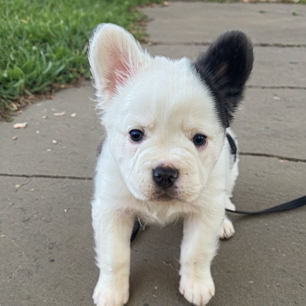 white little puppy with black one ear,stains, black stain in one ear