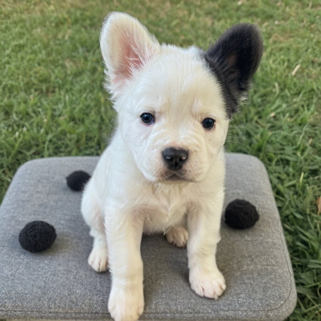 white little puppy with black one ear,stains, black stain in one ear