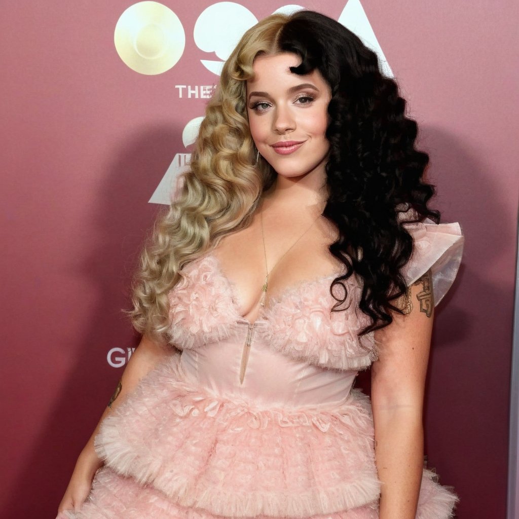 a girl who is standing posing as a model on a red carpet, wearing a beautiful dress, the girl has curly blonde hair black split dye, 4k, 18k, hairstyle, perfect face, After School, Melanie, Adele, Long hair, masterpiece high quality 18K, Hyperrealism, Realistic vision, rosy cheeks, realistic woman, a girl, Woman, best quality, woman, high quality, good lighting, A woman, with split hair, After School, girl, beauty, a girl who is posing as a model on a red carpet while her photos are taken, premiere, grammy, oscar, awards, the girl has fluffy curly hair, black split dye, blonde and black hair, she wears a beautiful dress, K-12 premiere, premiere, awards, carpet red, The Grammys, The Oscars, The Video Music Awards,Long curly split dye hair