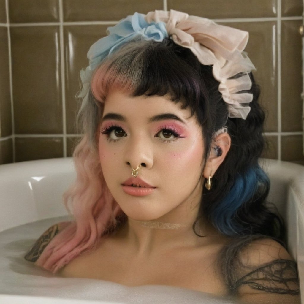 1girl, long straight split dye mullet hair with bangs, black and pink hair, light gray tulle frill shepherd's hat, bath, bathroom, a tub of water,  blue tiles, retro style, retro, retro colors, nose ring, brown eyes, cute face, long lashes, gold elements, lips dirty pink, black eyebrows, pale skin, high quality 18K, Hyperrealism, Realistic vision, rosy cheeks, freckles, high eyes quality, high face quality