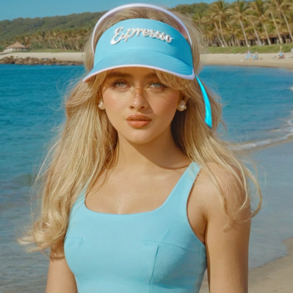 a girl who is entering the sea on a beach, she wears a beautiful short light blue dress with a ligth blue sports visor that says "Espresso" with pearls for decoration, the girl has fluffy curly  blonde hair , 4k, 18k, hairstyle, perfect face, After School, Melanie , Adele, Long hair, masterpiece high quality 18K, Hyperrealism, Realistic vision, rosy cheeks, realistic woman, a girl, Woman, best quality, woman, high quality, good lighting, A woman, with split hair, After School, girl, beauty, a girl who is entering the sea on a beach, the girl has fluffy, curly blonde hair 
, she has a big and beautiful light blue short dress with a light blue sports visor that says "Espresso", decorated with pearls, she even has a pearl in her right hand, sea, beach, pearls, white dress with pearls, white hat with pearls, pearls, pearls, mother of pearl, sea of ​​pearls