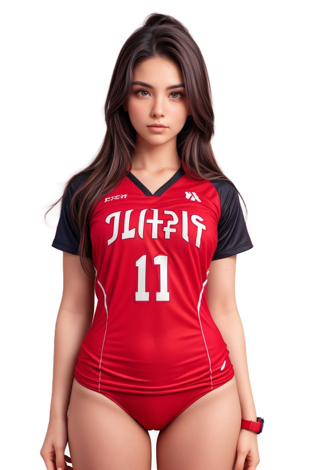 A stunning woman wearing a sleek UAS volleyball team uniform stands confidently, her gaze locking onto the viewer. Soft lighting accentuates her features as she poses in a Parisian setting, perhaps at the iconic Eiffel Tower or Champ de Mars, with the City of Light's skyline serving as a majestic backdrop.