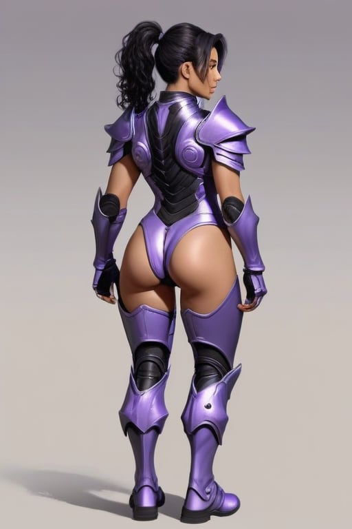 human, female, tan skin Puerto Rican, black wavy hair in ponytail, fit body, lavender thong bodysuit, sexy breast armor, sexy armor on right shoulder, sexy armor on front side of legs, from behind, looking back, facing right, left hand on hip, right hand at side, armored boots