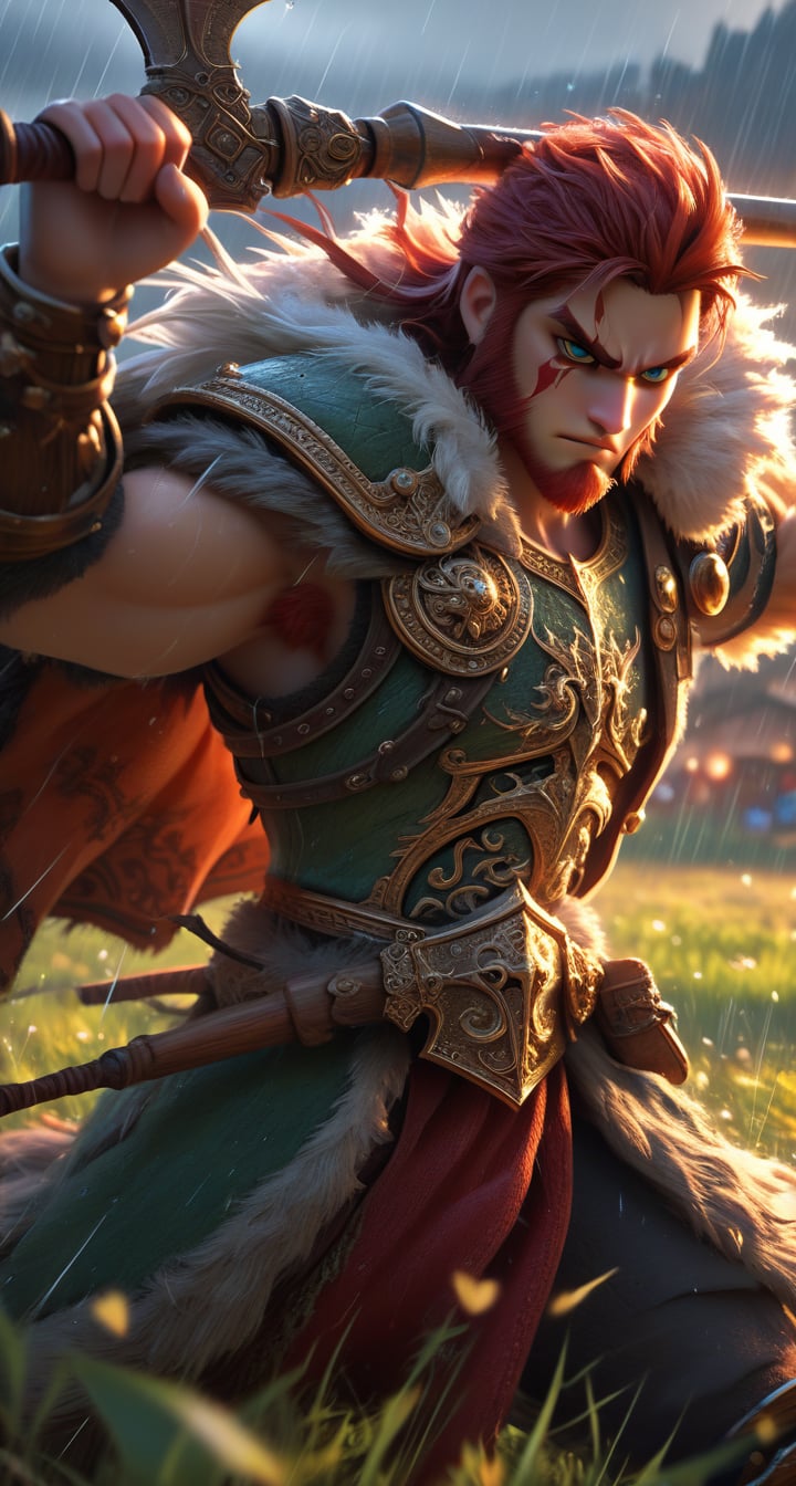 score_9, score_8_up, score_7_up, BREAK, warrior, helm, viking, fur coat, action pose, attacking, detailed armor, angered, intricate, gold, firm, holding and Axe, in a field, raining, moonlight, rim lighting, depth of field, high quality, 