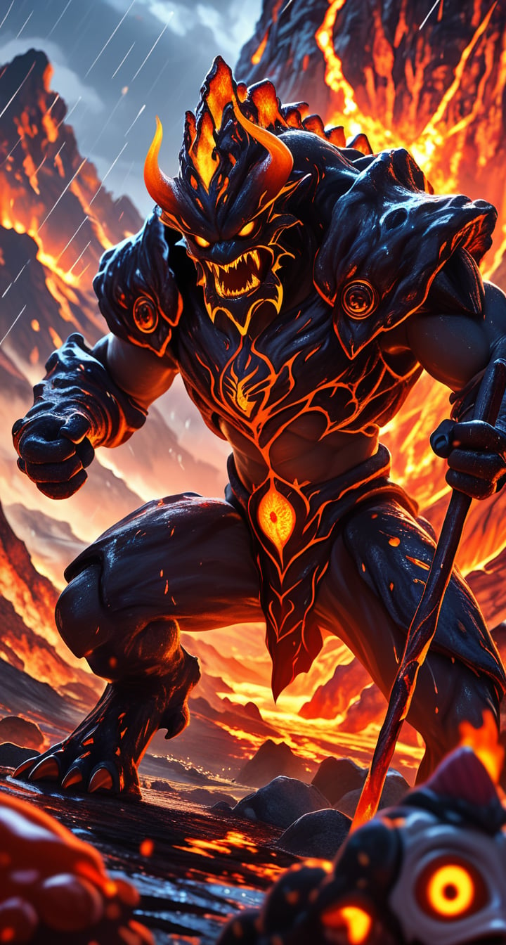 score_9, score_8_up, score_7_up, BREAK, Monster, Giant, lava monster, black ash armor, action pose, attacking, detailed fire, angered, intricate, firm, charging, volcano, raining ash, holding a great fire spear, moonlight, rim lighting, depth of field, high quality, 