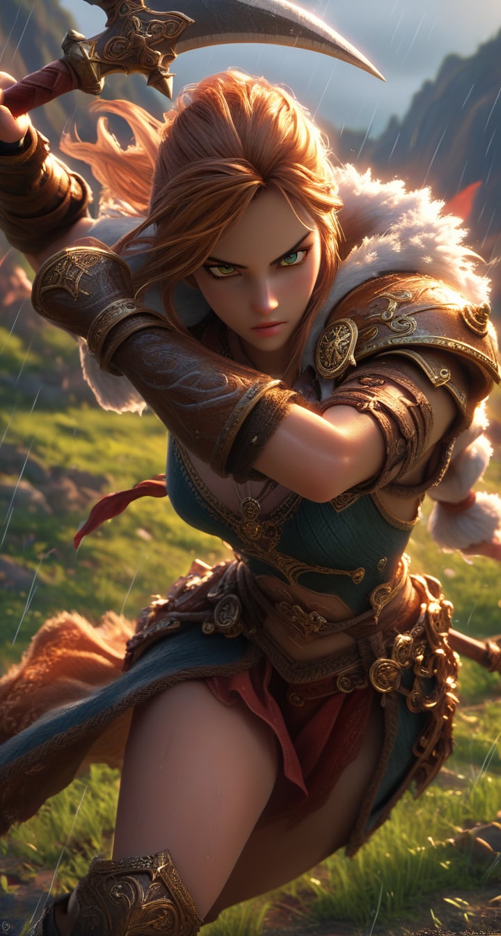 score_9, score_8_up, score_7_up, BREAK, woman, warrior, helm, viking, fur coat, action pose, attacking, detailed armor, angered, intricate, gold, firm, holding an Axe, in a field, raining, moonlight, rim lighting, depth of field, high quality, 