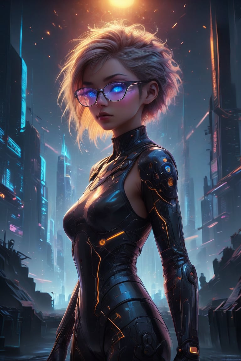 A captivating cyberpunk girl stands amidst a futuristic metropolis, wearing clear neon glasses that refract the city's dazzling lights. Her piercing gaze is set off by intricate, golden-ratio details on her face and clothes. In stunning 32K UHD, she poses against a decadent, highly detailed digital backdrop, reminiscent of Octane Render's artistry. Heartwarming, uplifting, and charming, this masterpiece features sharp focus, smooth textures, and exquisite eyes that seem to sparkle with inner light. The setting sun casts beautiful rim lighting, subsurface scattering, and subtle light leaks, casting a warm glow on the city's towering skyscrapers.