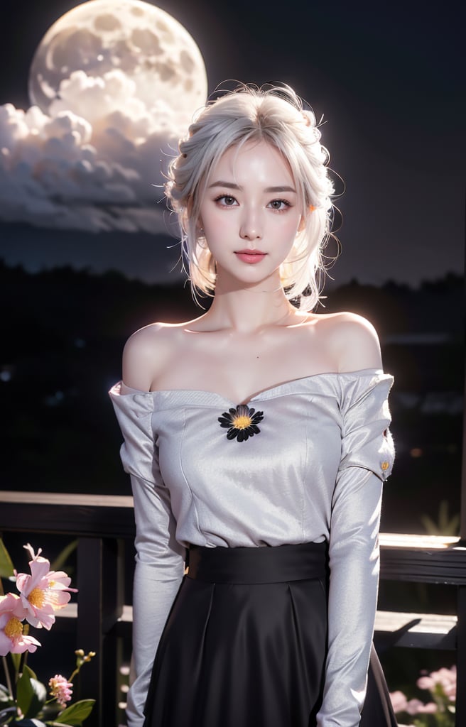 masterpiece, best quality, 1girl, (colorful),(finely detailed beautiful eyes and detailed face),cinematic lighting,bust shot,extremely detailed CG unity 8k wallpaper,white hair,solo,smile,intricate skirt,((flying petal)),(Flowery meadow) sky, cloudy_sky, building, moonlight, moon, night, (dark theme:1.3), light, fantasy