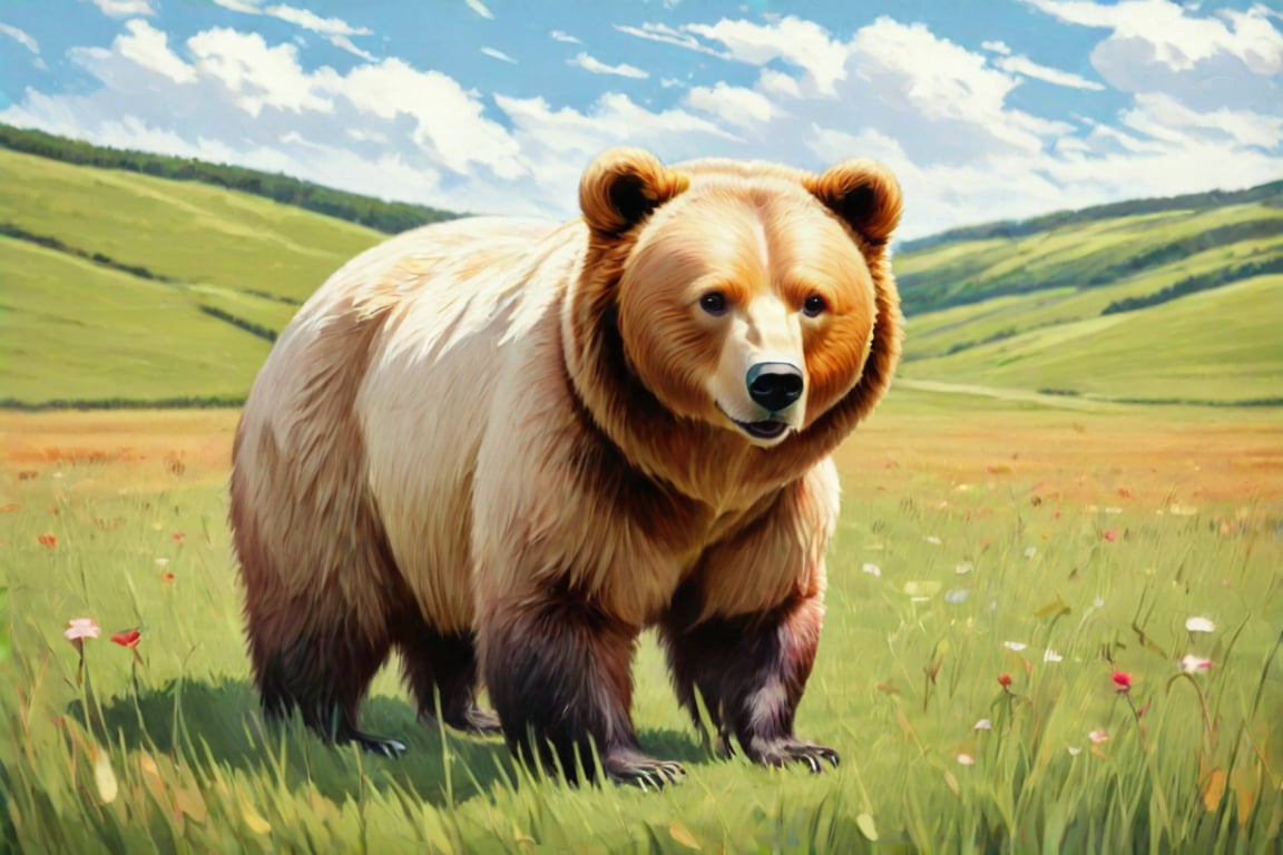 "A bear" with simple lines, cartoon-like, colorful, set in a vast grassland. Tranquil, open, free, harmonious, large green grass fields, warm sunlight, happy atmosphere, oil painting technique, colored chalks, light-hearted humorous style, cartoon masters, picture book artists, art movements, camera settings: digital SLR camera, natural light, vivid colors