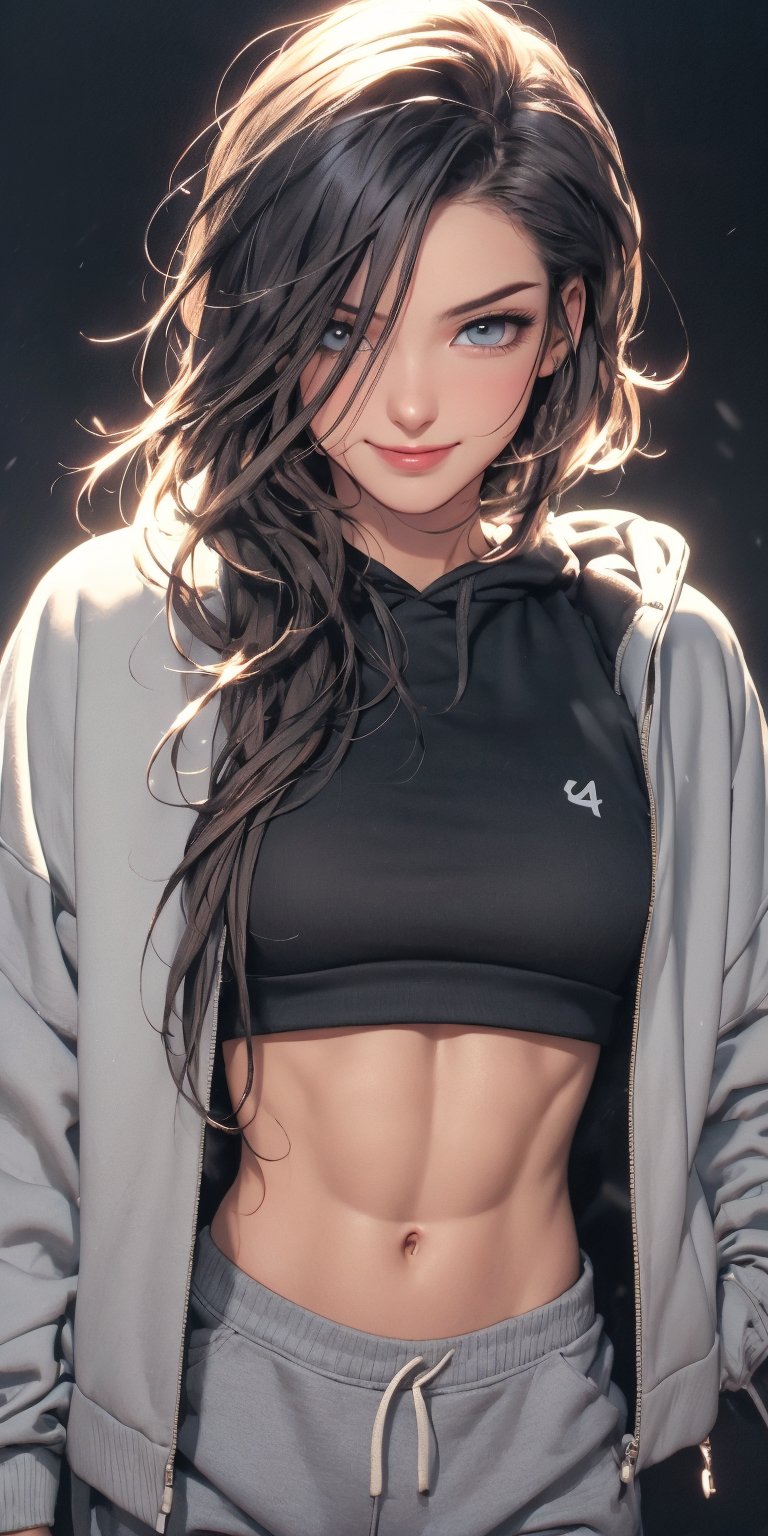 4k,best quality,masterpiece,20yo 1girl,(cropped sweatshirt),(demin pant), alluring smile, open hoodie,

(Beautiful and detailed eyes),
Detailed face, detailed eyes, double eyelids ,thin face, real hands, muscular fit body, semi visible abs, ((short hair with long locks:1.2)), black hair, black background,


real person, color splash style photo,
