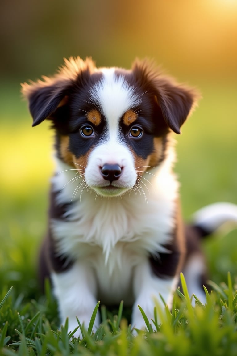 Shot of a Border Collie puppy sitting on a soft, green grass, with its ears perked up and tail wagging gently. The camera captures the puppy's endearing features, showcasing its bright brown eyes and fluffy coat. The lighting is warm and natural, casting a soft glow on the puppy's face. Composition focuses on the puppy's adorable expression, with a blurred background to emphasize its cuteness.