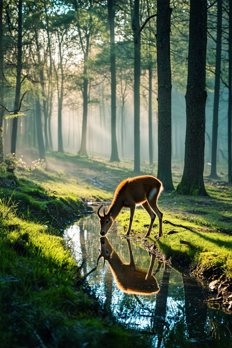 Photorealistic image of a serene forest at dawn, with the first rays of sunlight piercing through the mist and casting long shadows. A deer is quietly drinking from a stream, its reflection clear in the water. The image should be highly detailed, high definition, 4k, with a focus on the play of light and shadow and the tranquility of the scene.