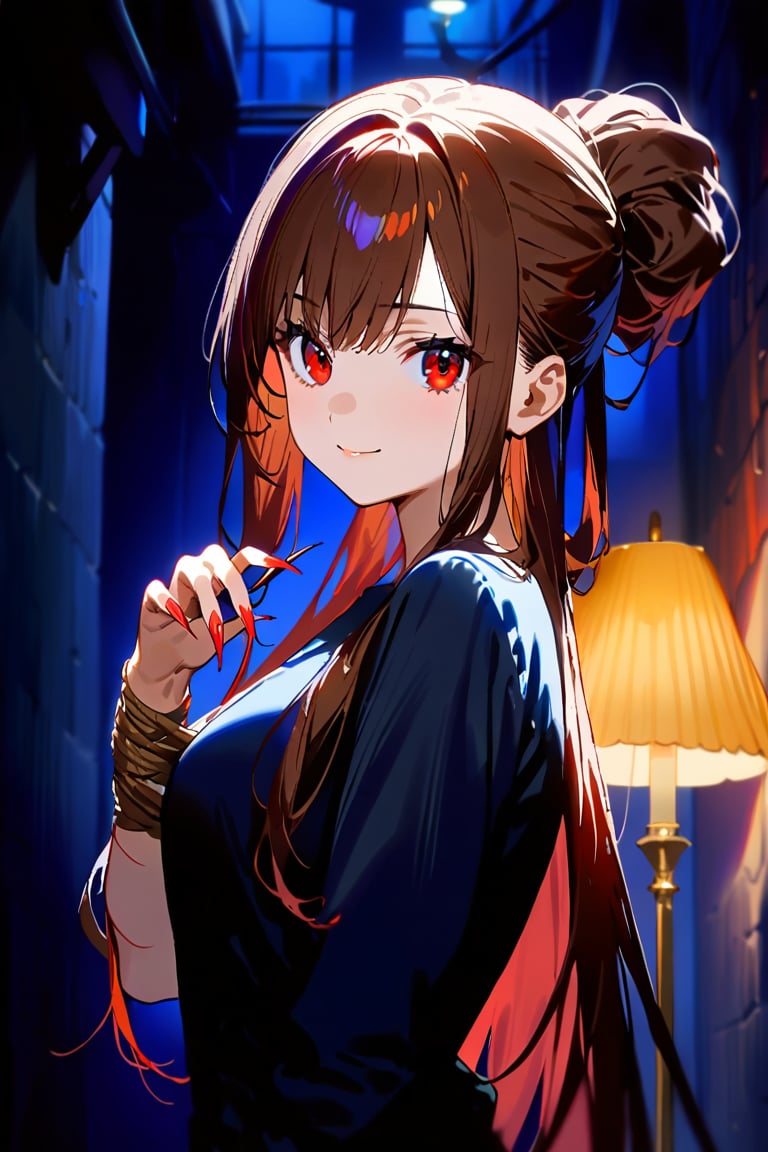 1girl, ((red eyes)), black eyeliner, ((looking at the viewer)), dark brown hair, long hair, tied up hair, (upper body), (standing in a dark park, lamp in the background), small smile, showing off her nails, ((very very long nails)),GEN