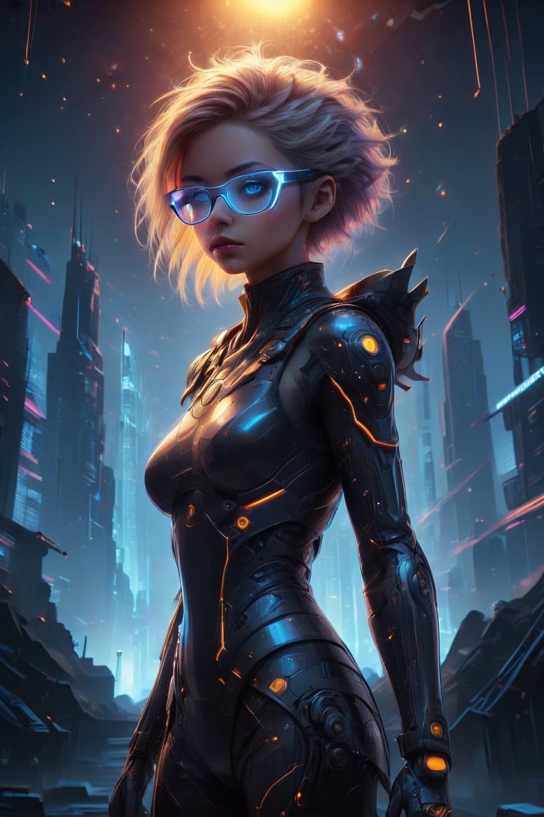 A captivating cyberpunk girl stands amidst a futuristic metropolis, wearing clear neon glasses that refract the city's dazzling lights. Her piercing gaze is set off by intricate, golden-ratio details on her face and clothes. In stunning 32K UHD, she poses against a decadent, highly detailed digital backdrop, reminiscent of Octane Render's artistry. Heartwarming, uplifting, and charming, this masterpiece features sharp focus, smooth textures, and exquisite eyes that seem to sparkle with inner light. The setting sun casts beautiful rim lighting, subsurface scattering, and subtle light leaks, casting a warm glow on the city's towering skyscrapers.