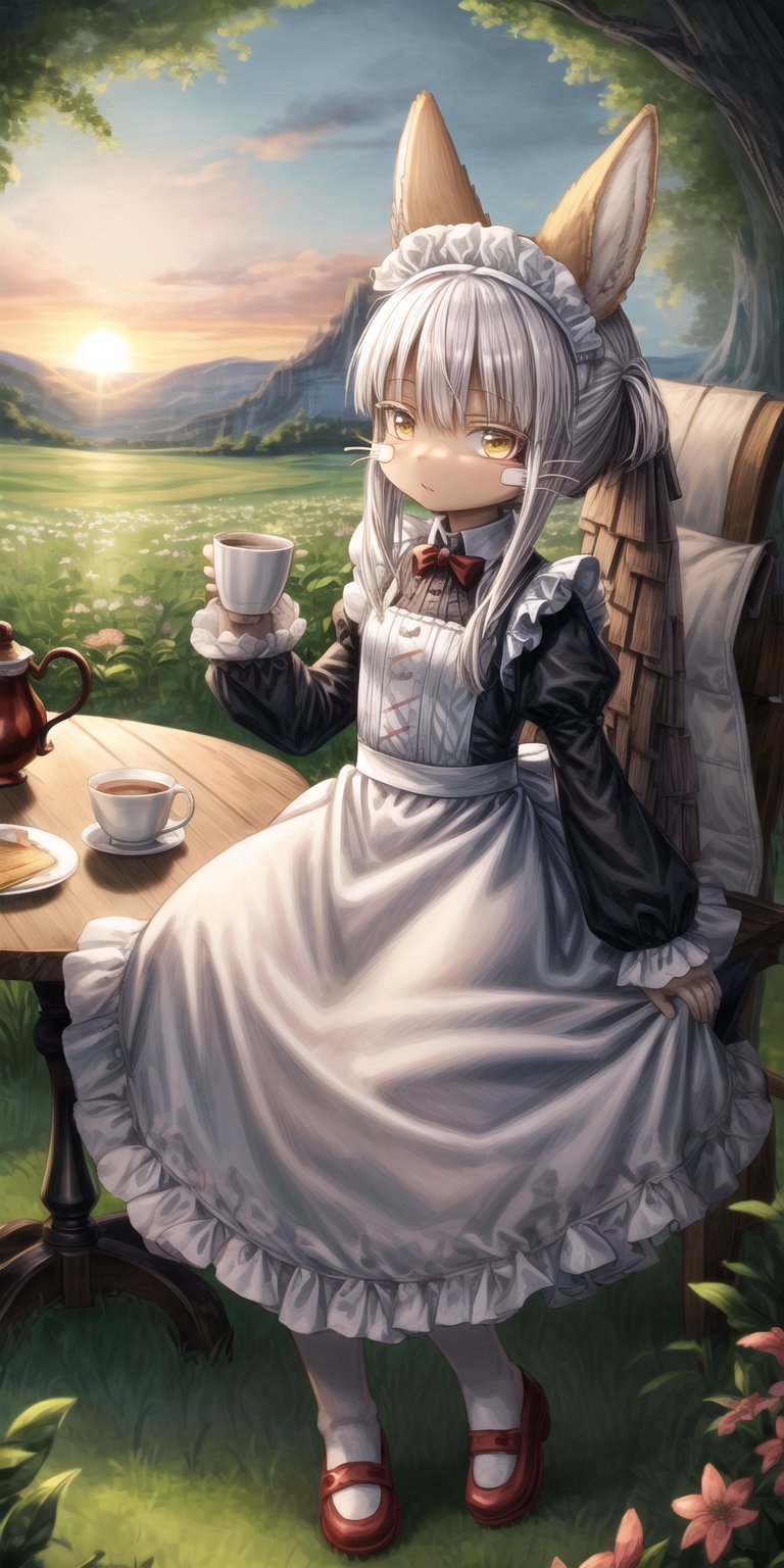 score_9, score_8_up, score_7_up, score_6_up, score_5_up, score_4_up,Full body image ,nanachi (made in abyss), furry, fur, fluffy, Yellow eyes, Flower in hair, simple braid, Having a cup of tea , sitting, landscape, sunset, field, trees, maid Clothing, table, 